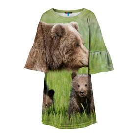 Детское платье 3D с принтом Медведи в Екатеринбурге, 100% полиэстер | прямой силуэт, чуть расширенный к низу. Круглая горловина, на рукавах — воланы | animals | bears | children | family | green | meadow | mother | predators | дети | животные | зеленая | мама | медведи | поляна | семья | хищники