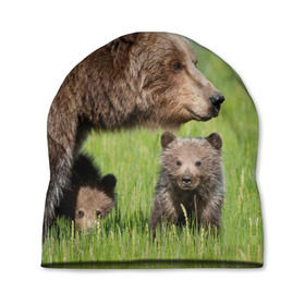 Шапка 3D с принтом Медведи в Екатеринбурге, 100% полиэстер | универсальный размер, печать по всей поверхности изделия | animals | bears | children | family | green | meadow | mother | predators | дети | животные | зеленая | мама | медведи | поляна | семья | хищники