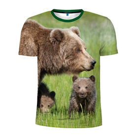 Мужская футболка 3D спортивная с принтом Медведи в Екатеринбурге, 100% полиэстер с улучшенными характеристиками | приталенный силуэт, круглая горловина, широкие плечи, сужается к линии бедра | animals | bears | children | family | green | meadow | mother | predators | дети | животные | зеленая | мама | медведи | поляна | семья | хищники