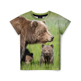 Детская футболка 3D с принтом Медведи в Екатеринбурге, 100% гипоаллергенный полиэфир | прямой крой, круглый вырез горловины, длина до линии бедер, чуть спущенное плечо, ткань немного тянется | animals | bears | children | family | green | meadow | mother | predators | дети | животные | зеленая | мама | медведи | поляна | семья | хищники