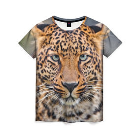 Женская футболка 3D с принтом Леопард в Екатеринбурге, 100% полиэфир ( синтетическое хлопкоподобное полотно) | прямой крой, круглый вырез горловины, длина до линии бедер | animal | leopard | look | predator | spotted | wild | взгляд | дикий | животное | леопард | пятнистый | хищник