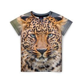 Детская футболка 3D с принтом Леопард в Екатеринбурге, 100% гипоаллергенный полиэфир | прямой крой, круглый вырез горловины, длина до линии бедер, чуть спущенное плечо, ткань немного тянется | animal | leopard | look | predator | spotted | wild | взгляд | дикий | животное | леопард | пятнистый | хищник