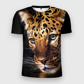 Мужская футболка 3D спортивная с принтом Леопард в Екатеринбурге, 100% полиэстер с улучшенными характеристиками | приталенный силуэт, круглая горловина, широкие плечи, сужается к линии бедра | Тематика изображения на принте: animal | leopard | look | predator | spotted | wild | взгляд | дикий | животное | леопард | пятнистый | хищник