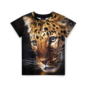 Детская футболка 3D с принтом Леопард в Екатеринбурге, 100% гипоаллергенный полиэфир | прямой крой, круглый вырез горловины, длина до линии бедер, чуть спущенное плечо, ткань немного тянется | Тематика изображения на принте: animal | leopard | look | predator | spotted | wild | взгляд | дикий | животное | леопард | пятнистый | хищник
