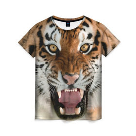 Женская футболка 3D с принтом Тигр в Екатеринбурге, 100% полиэфир ( синтетическое хлопкоподобное полотно) | прямой крой, круглый вырез горловины, длина до линии бедер | animal | predator | striped | tiger | view | wild | взгляд | дикий | животное | полосатый | тигр | хищник