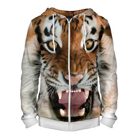 Мужская толстовка 3D на молнии с принтом Тигр в Екатеринбурге, 100% полиэстер | длина до линии бедра, манжеты и пояс оформлены мягкой тканевой резинкой, двухслойный капюшон со шнурком для регулировки, спереди молния, по бокам два кармана | animal | predator | striped | tiger | view | wild | взгляд | дикий | животное | полосатый | тигр | хищник
