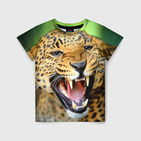 Детская футболка 3D с принтом Леопард в Екатеринбурге, 100% гипоаллергенный полиэфир | прямой крой, круглый вырез горловины, длина до линии бедер, чуть спущенное плечо, ткань немного тянется | Тематика изображения на принте: animal | leopard | look | predator | spotted | wild | взгляд | дикий | животное | леопард | пятнистый | хищник