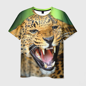 Мужская футболка 3D с принтом Леопард в Екатеринбурге, 100% полиэфир | прямой крой, круглый вырез горловины, длина до линии бедер | Тематика изображения на принте: animal | leopard | look | predator | spotted | wild | взгляд | дикий | животное | леопард | пятнистый | хищник