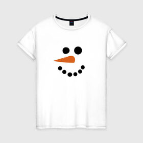 Женская футболка хлопок с принтом Снеговик минимализм в Екатеринбурге, 100% хлопок | прямой крой, круглый вырез горловины, длина до линии бедер, слегка спущенное плечо | год петуха | детям | крутой снеговик | любимым. | минимализм | морковка | новый год | подарок | популярное | снег | снеговик