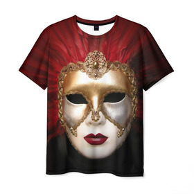 Мужская футболка 3D с принтом Венецианская маска в Екатеринбурге, 100% полиэфир | прямой крой, круглый вырез горловины, длина до линии бедер | Тематика изображения на принте: венеция | италия | карнавал | красный | лицо | перья