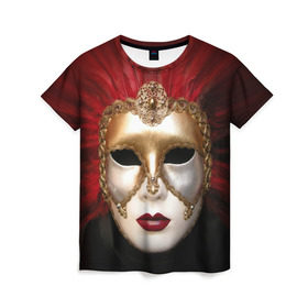 Женская футболка 3D с принтом Венецианская маска в Екатеринбурге, 100% полиэфир ( синтетическое хлопкоподобное полотно) | прямой крой, круглый вырез горловины, длина до линии бедер | венеция | италия | карнавал | красный | лицо | перья