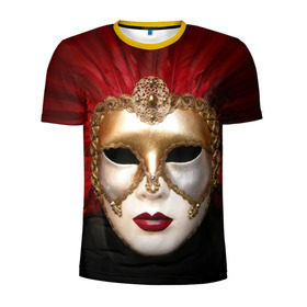 Мужская футболка 3D спортивная с принтом Венецианская маска в Екатеринбурге, 100% полиэстер с улучшенными характеристиками | приталенный силуэт, круглая горловина, широкие плечи, сужается к линии бедра | Тематика изображения на принте: венеция | италия | карнавал | красный | лицо | перья