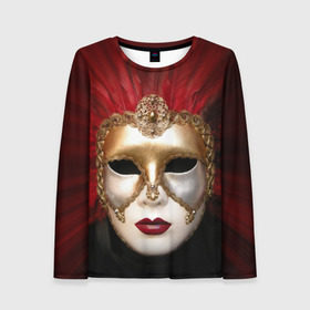Женский лонгслив 3D с принтом Венецианская маска в Екатеринбурге, 100% полиэстер | длинные рукава, круглый вырез горловины, полуприлегающий силуэт | Тематика изображения на принте: венеция | италия | карнавал | красный | лицо | перья