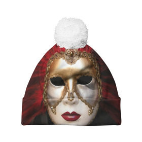Шапка 3D c помпоном с принтом Венецианская маска в Екатеринбурге, 100% полиэстер | универсальный размер, печать по всей поверхности изделия | венеция | италия | карнавал | красный | лицо | перья