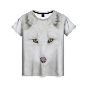 Женская футболка 3D с принтом Полярная лиса в Екатеринбурге, 100% полиэфир ( синтетическое хлопкоподобное полотно) | прямой крой, круглый вырез горловины, длина до линии бедер | animal | polar fox | predator | sly | white | wild | белая | дикая | животное | лиса | полярная | хитрая | хищник