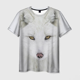 Мужская футболка 3D с принтом Полярная лиса в Екатеринбурге, 100% полиэфир | прямой крой, круглый вырез горловины, длина до линии бедер | animal | polar fox | predator | sly | white | wild | белая | дикая | животное | лиса | полярная | хитрая | хищник