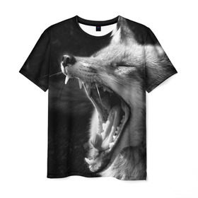 Мужская футболка 3D с принтом Лиса в Екатеринбурге, 100% полиэфир | прямой крой, круглый вырез горловины, длина до линии бедер | animal | bw | fox | jaws | predator | sly | teeth | wild | yawn | дикая | животное | зевает | зубы | лиса | пасть | хитрая | хищник | чб