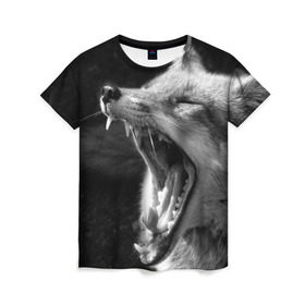 Женская футболка 3D с принтом Лиса в Екатеринбурге, 100% полиэфир ( синтетическое хлопкоподобное полотно) | прямой крой, круглый вырез горловины, длина до линии бедер | animal | bw | fox | jaws | predator | sly | teeth | wild | yawn | дикая | животное | зевает | зубы | лиса | пасть | хитрая | хищник | чб