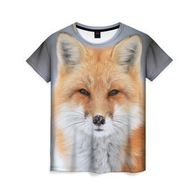 Женская футболка 3D с принтом Лиса в Екатеринбурге, 100% полиэфир ( синтетическое хлопкоподобное полотно) | прямой крой, круглый вырез горловины, длина до линии бедер | animal | fox | look | predator | red | sly | wild | взгляд | дикая | животное | лиса | рыжая | хитрая | хищник
