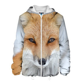 Мужская куртка 3D с принтом Лиса в Екатеринбурге, ткань верха — 100% полиэстер, подклад — флис | прямой крой, подол и капюшон оформлены резинкой с фиксаторами, два кармана без застежек по бокам, один большой потайной карман на груди. Карман на груди застегивается на липучку | animal | baby | fox | look | predator | red | sly | wild | взгляд | дикая | животное | лиса | малыш | рыжая | хитрая | хищник