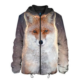Мужская куртка 3D с принтом Лиса в Екатеринбурге, ткань верха — 100% полиэстер, подклад — флис | прямой крой, подол и капюшон оформлены резинкой с фиксаторами, два кармана без застежек по бокам, один большой потайной карман на груди. Карман на груди застегивается на липучку | animal | baby | fox | predator | red | sly | snow | view | wild | winter | взгляд | дикая | животное | зима | лиса | малыш | рыжая | снег | хитрая | хищник