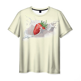 Мужская футболка 3D с принтом Клубника со сливками в Екатеринбурге, 100% полиэфир | прямой крой, круглый вырез горловины, длина до линии бедер | Тематика изображения на принте: 