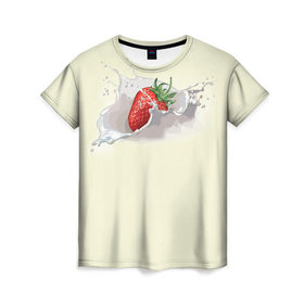 Женская футболка 3D с принтом Клубника со сливками в Екатеринбурге, 100% полиэфир ( синтетическое хлопкоподобное полотно) | прямой крой, круглый вырез горловины, длина до линии бедер | 