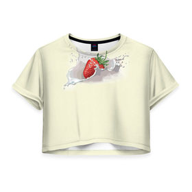 Женская футболка 3D укороченная с принтом Клубника со сливками в Екатеринбурге, 100% полиэстер | круглая горловина, длина футболки до линии талии, рукава с отворотами | 