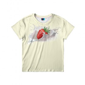 Детская футболка 3D с принтом Клубника со сливками в Екатеринбурге, 100% гипоаллергенный полиэфир | прямой крой, круглый вырез горловины, длина до линии бедер, чуть спущенное плечо, ткань немного тянется | 