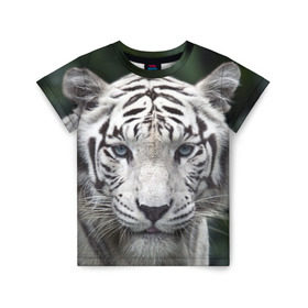 Детская футболка 3D с принтом Белый тигр в Екатеринбурге, 100% гипоаллергенный полиэфир | прямой крой, круглый вырез горловины, длина до линии бедер, чуть спущенное плечо, ткань немного тянется | animal | jungle | look | predator | tiger | white | wild | белый | взгляд | джунгли | дикий | животное | тигр | хищник