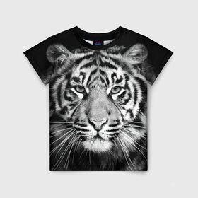 Детская футболка 3D с принтом Тигр в Екатеринбурге, 100% гипоаллергенный полиэфир | прямой крой, круглый вырез горловины, длина до линии бедер, чуть спущенное плечо, ткань немного тянется | Тематика изображения на принте: animal | black   white | look | predator | tiger | wild | взгляд | дикий | животное | тигр | хищник | черно   белый