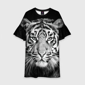 Детское платье 3D с принтом Тигр в Екатеринбурге, 100% полиэстер | прямой силуэт, чуть расширенный к низу. Круглая горловина, на рукавах — воланы | animal | black   white | look | predator | tiger | wild | взгляд | дикий | животное | тигр | хищник | черно   белый