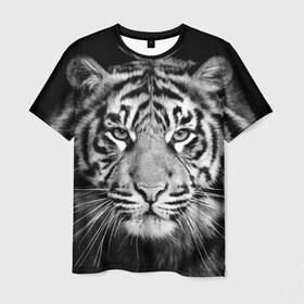 Мужская футболка 3D с принтом Тигр в Екатеринбурге, 100% полиэфир | прямой крой, круглый вырез горловины, длина до линии бедер | Тематика изображения на принте: animal | black   white | look | predator | tiger | wild | взгляд | дикий | животное | тигр | хищник | черно   белый
