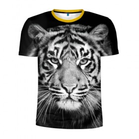 Мужская футболка 3D спортивная с принтом Тигр в Екатеринбурге, 100% полиэстер с улучшенными характеристиками | приталенный силуэт, круглая горловина, широкие плечи, сужается к линии бедра | Тематика изображения на принте: animal | black   white | look | predator | tiger | wild | взгляд | дикий | животное | тигр | хищник | черно   белый