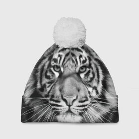 Шапка 3D c помпоном с принтом Тигр в Екатеринбурге, 100% полиэстер | универсальный размер, печать по всей поверхности изделия | Тематика изображения на принте: animal | black   white | look | predator | tiger | wild | взгляд | дикий | животное | тигр | хищник | черно   белый