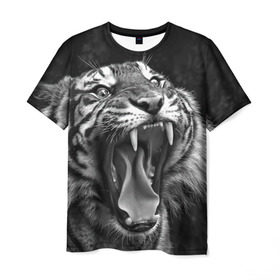 Мужская футболка 3D с принтом Тигр в Екатеринбурге, 100% полиэфир | прямой крой, круглый вырез горловины, длина до линии бедер | animal | black   white | fangs | jaws | jungle | predator | teeth | tiger | wild | джунгли | дикий | животное | клыки | оскал | пасть | тигр | хищник | черно   белый