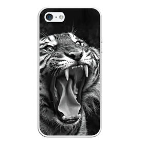 Чехол для iPhone 5/5S матовый с принтом Тигр в Екатеринбурге, Силикон | Область печати: задняя сторона чехла, без боковых панелей | animal | black   white | fangs | jaws | jungle | predator | teeth | tiger | wild | джунгли | дикий | животное | клыки | оскал | пасть | тигр | хищник | черно   белый