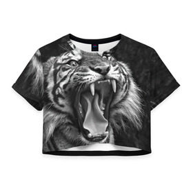 Женская футболка 3D укороченная с принтом Тигр в Екатеринбурге, 100% полиэстер | круглая горловина, длина футболки до линии талии, рукава с отворотами | animal | black   white | fangs | jaws | jungle | predator | teeth | tiger | wild | джунгли | дикий | животное | клыки | оскал | пасть | тигр | хищник | черно   белый