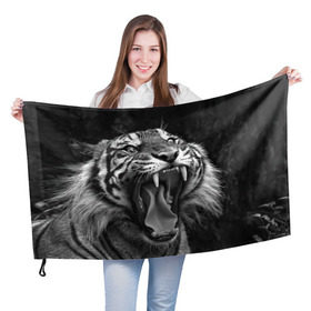 Флаг 3D с принтом Тигр в Екатеринбурге, 100% полиэстер | плотность ткани — 95 г/м2, размер — 67 х 109 см. Принт наносится с одной стороны | animal | black   white | fangs | jaws | jungle | predator | teeth | tiger | wild | джунгли | дикий | животное | клыки | оскал | пасть | тигр | хищник | черно   белый