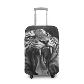 Чехол для чемодана 3D с принтом Тигр в Екатеринбурге, 86% полиэфир, 14% спандекс | двустороннее нанесение принта, прорези для ручек и колес | animal | black   white | fangs | jaws | jungle | predator | teeth | tiger | wild | джунгли | дикий | животное | клыки | оскал | пасть | тигр | хищник | черно   белый