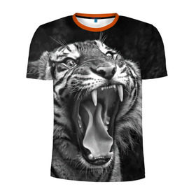 Мужская футболка 3D спортивная с принтом Тигр в Екатеринбурге, 100% полиэстер с улучшенными характеристиками | приталенный силуэт, круглая горловина, широкие плечи, сужается к линии бедра | animal | black   white | fangs | jaws | jungle | predator | teeth | tiger | wild | джунгли | дикий | животное | клыки | оскал | пасть | тигр | хищник | черно   белый