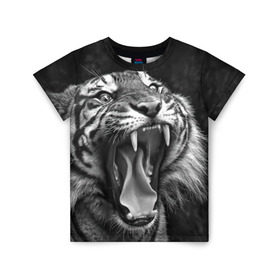 Детская футболка 3D с принтом Тигр в Екатеринбурге, 100% гипоаллергенный полиэфир | прямой крой, круглый вырез горловины, длина до линии бедер, чуть спущенное плечо, ткань немного тянется | animal | black   white | fangs | jaws | jungle | predator | teeth | tiger | wild | джунгли | дикий | животное | клыки | оскал | пасть | тигр | хищник | черно   белый
