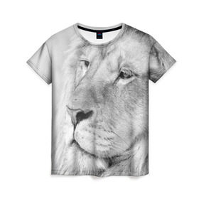 Женская футболка 3D с принтом Лев в Екатеринбурге, 100% полиэфир ( синтетическое хлопкоподобное полотно) | прямой крой, круглый вырез горловины, длина до линии бедер | animal | black   white | king | lion | look | predator | wild | взгляд | дикий | животное | зверь | лев | хищник | царь | черно   белый