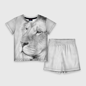 Детский костюм с шортами 3D с принтом Лев в Екатеринбурге,  |  | animal | black   white | king | lion | look | predator | wild | взгляд | дикий | животное | зверь | лев | хищник | царь | черно   белый