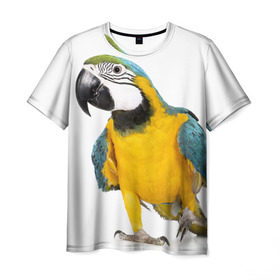 Мужская футболка 3D с принтом Попугай ара в Екатеринбурге, 100% полиэфир | прямой крой, круглый вырез горловины, длина до линии бедер | желтый | птица | синий | экзотика