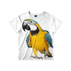 Детская футболка 3D с принтом Попугай ара в Екатеринбурге, 100% гипоаллергенный полиэфир | прямой крой, круглый вырез горловины, длина до линии бедер, чуть спущенное плечо, ткань немного тянется | желтый | птица | синий | экзотика