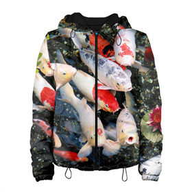 Женская куртка 3D с принтом Koi Fish (карпы кои) в Екатеринбурге, ткань верха — 100% полиэстер, подклад — флис | прямой крой, подол и капюшон оформлены резинкой с фиксаторами, два кармана без застежек по бокам, один большой потайной карман на груди. Карман на груди застегивается на липучку | bright | brocade | carp | color | decorative | depth | exotic | fish | koi | koi fish | sea | water | вода | глубина | декоративные | карпы | кои | море | парчовый | рыбки | цвет | экзотические | яркий