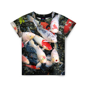 Детская футболка 3D с принтом Koi Fish (карпы кои) в Екатеринбурге, 100% гипоаллергенный полиэфир | прямой крой, круглый вырез горловины, длина до линии бедер, чуть спущенное плечо, ткань немного тянется | bright | brocade | carp | color | decorative | depth | exotic | fish | koi | koi fish | sea | water | вода | глубина | декоративные | карпы | кои | море | парчовый | рыбки | цвет | экзотические | яркий