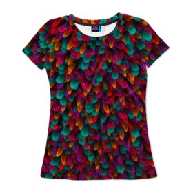 Женская футболка 3D с принтом Перья в Екатеринбурге, 100% полиэфир ( синтетическое хлопкоподобное полотно) | прямой крой, круглый вырез горловины, длина до линии бедер | Тематика изображения на принте: петух | попугай | птица | разноцветный | текстура | чудо