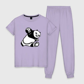 Женская пижама хлопок с принтом Панда в Екатеринбурге, 100% хлопок | брюки и футболка прямого кроя, без карманов, на брюках мягкая резинка на поясе и по низу штанин | Тематика изображения на принте: кунг фу | мульт | панда